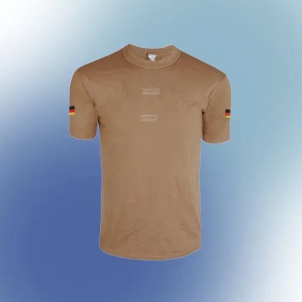 German Bundeswehr Tropical T-Shirt from Gorilla Outfitters: Authentic military-issue shirt with German flags on sleeves and velcro patches.