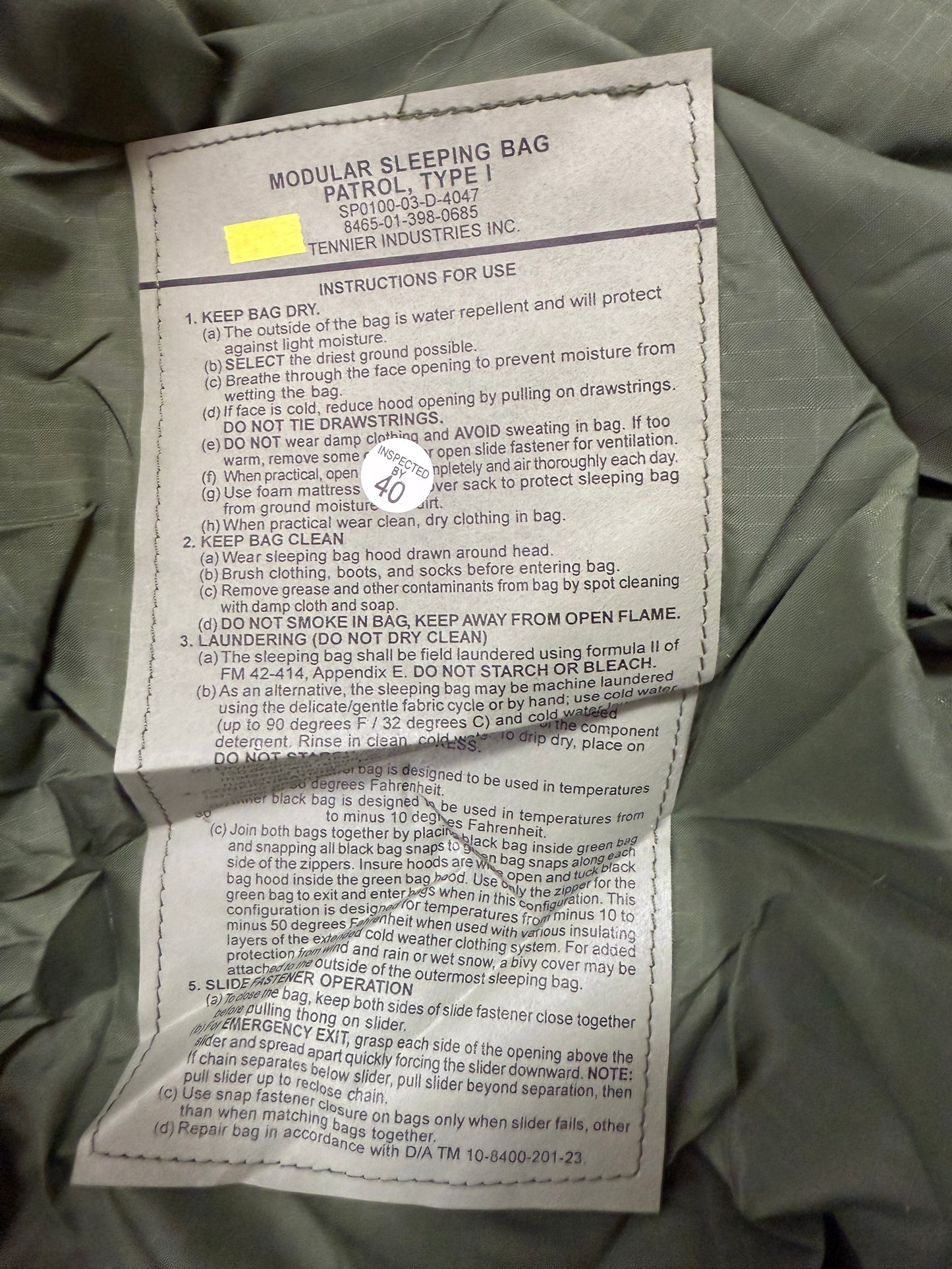 U.S. Military Modular Sleeping Bag — Patrol Bag (Type I)