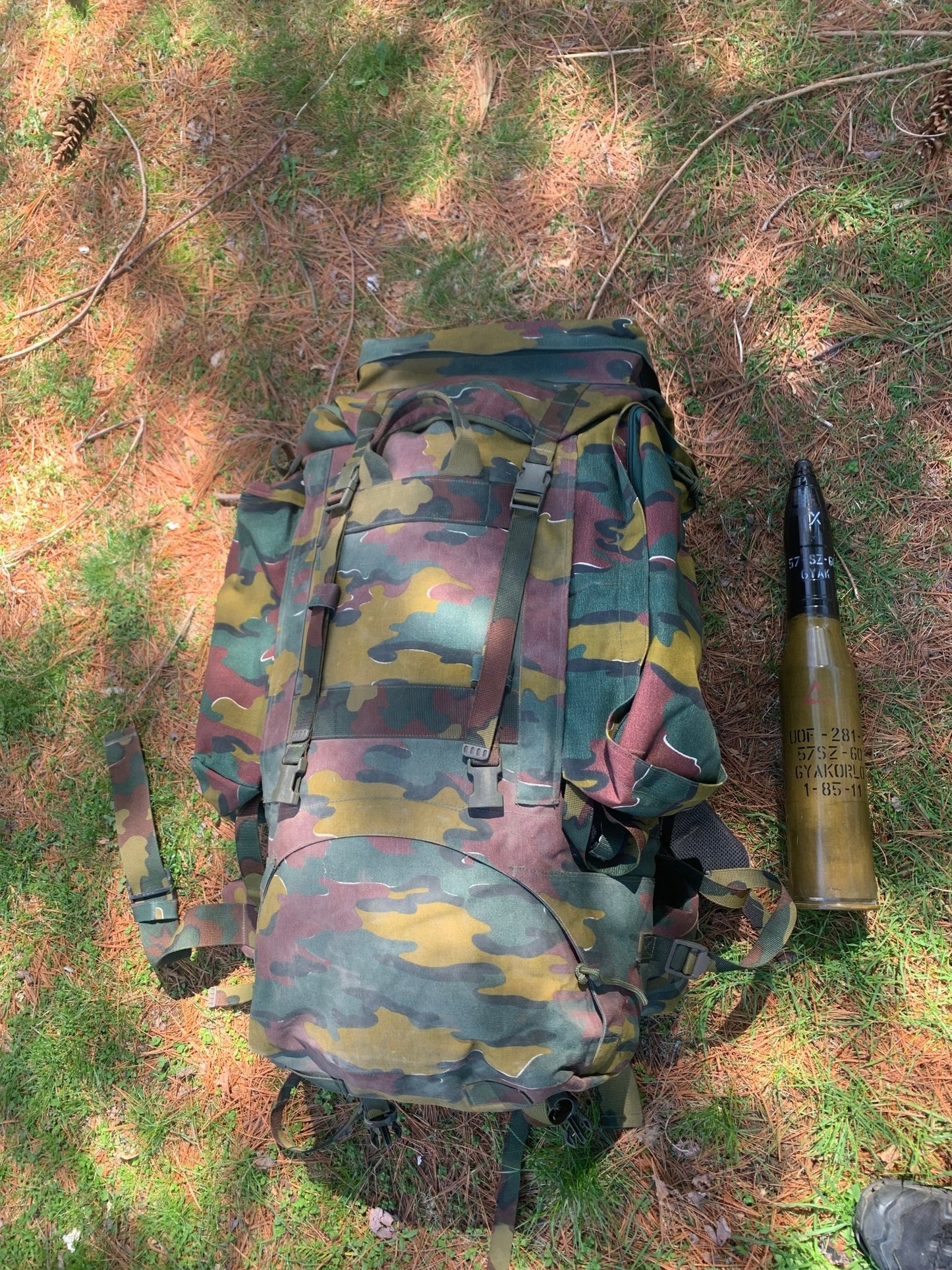 Belgian M97 rucksack jigsaw camouflage, laying on ground aspect, day pack, hiking