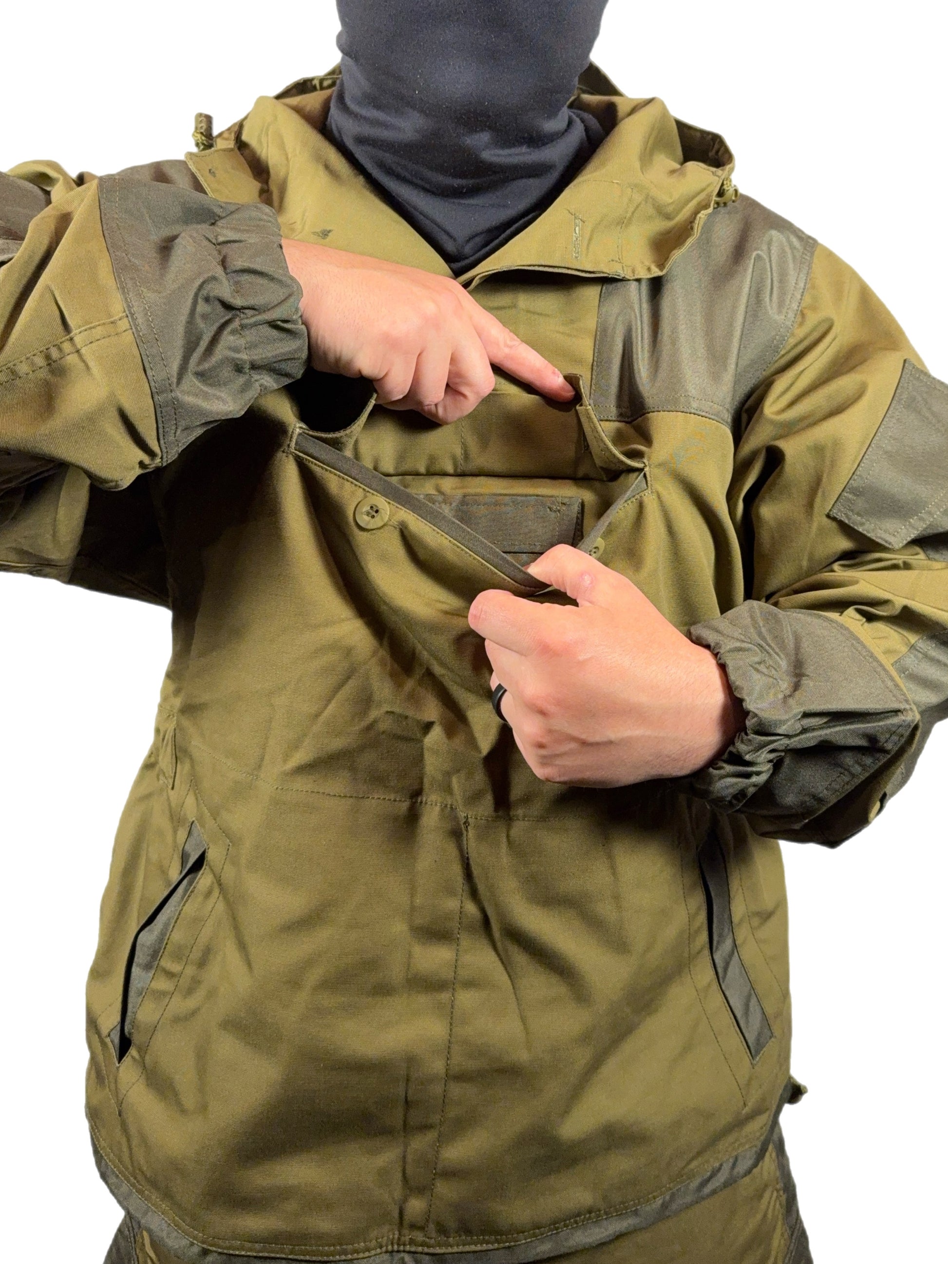 Close-up of Gorka 4 combat suit pants and jacket with cargo pocket-Gorilla Outfitters