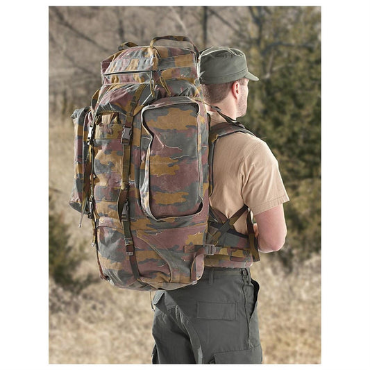 Belgian M97 rucksack jigsaw camouflage, front aspect, man wearing back pack, day pack, hiking